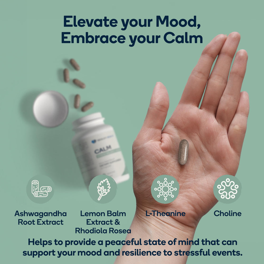 Nedley Health Calm bottle on desk signaling steady mood support.