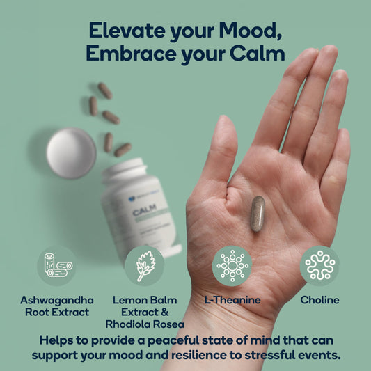 Nedley Health Calm bottle on desk signaling steady mood support.