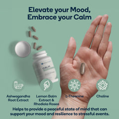 Nedley Health Calm bottle on desk signaling steady mood support.