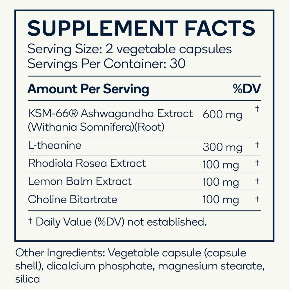 Nedley Health Calm packaging communicates vegan, non-drowsy stress relief option.