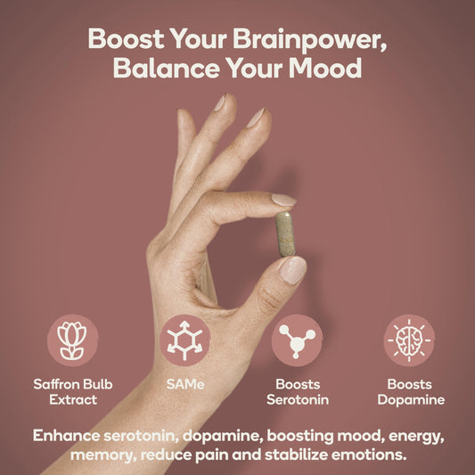 Close-up of Nedley Health Mood tablets showing saffron blend for mood support.