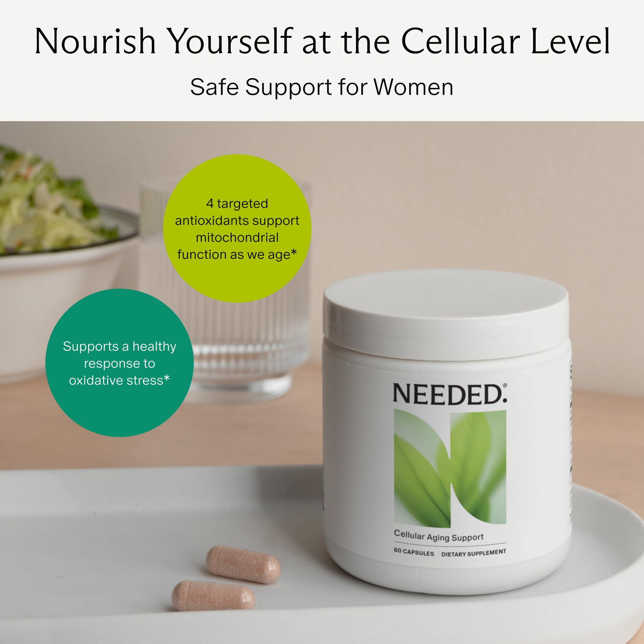 Needed Cellular Aging Support label showcases alpha lipoic acid and PQQ for energy support.