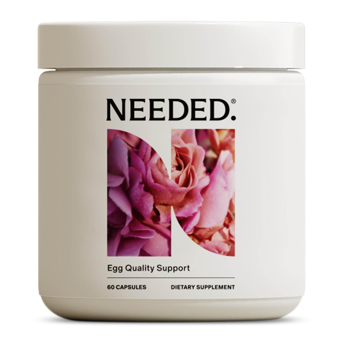 Needed Egg Quality Support bottle label shows vegan, non-GMO formula for fertility support.