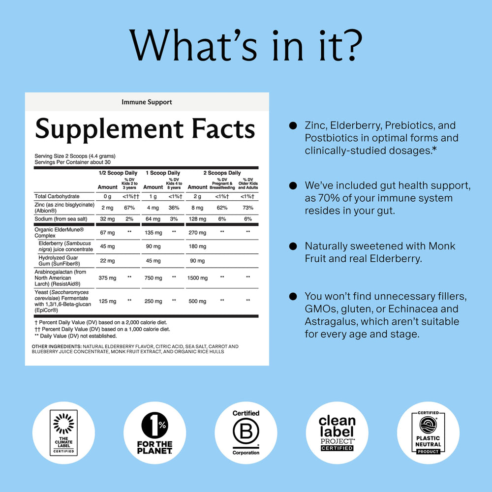 Needed Immune Support powder scoop beside jar emphasizes convenient daily dosage