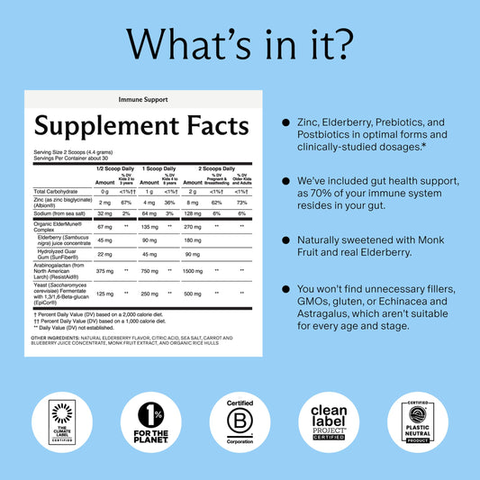 Needed Immune Support powder scoop beside jar emphasizes convenient daily dosage