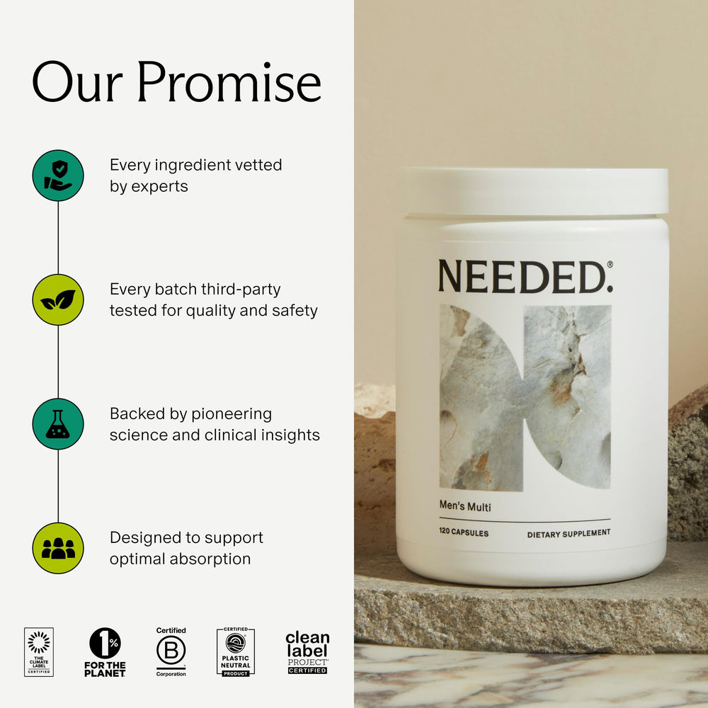 Needed multivitamin men bottle seal indicates third-party tested quality