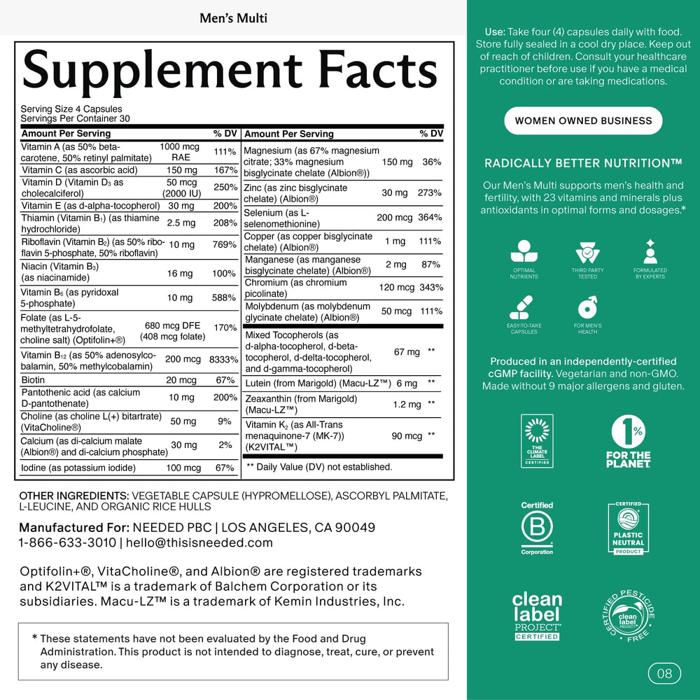 Needed multivitamin men capsules close-up highlights a practical daily dose