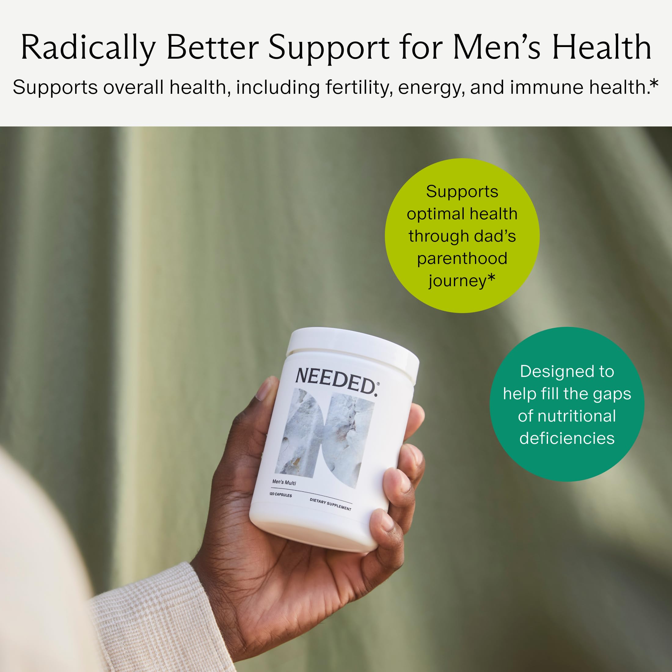 Needed multivitamin men ingredients label shows 25 essential nutrients at a glance