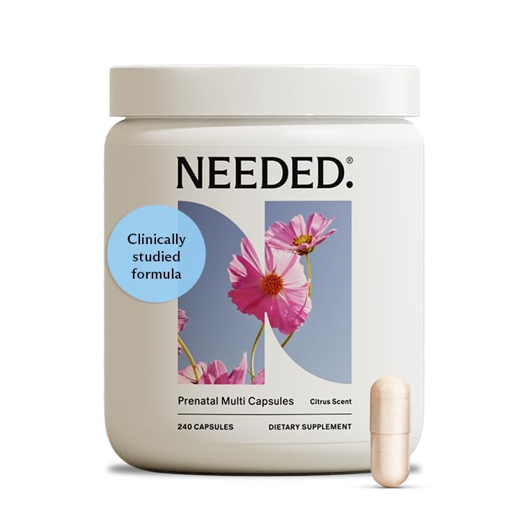 Needed Prenatal bottle close-up highlighting citrus scent insert for pleasant daily use.