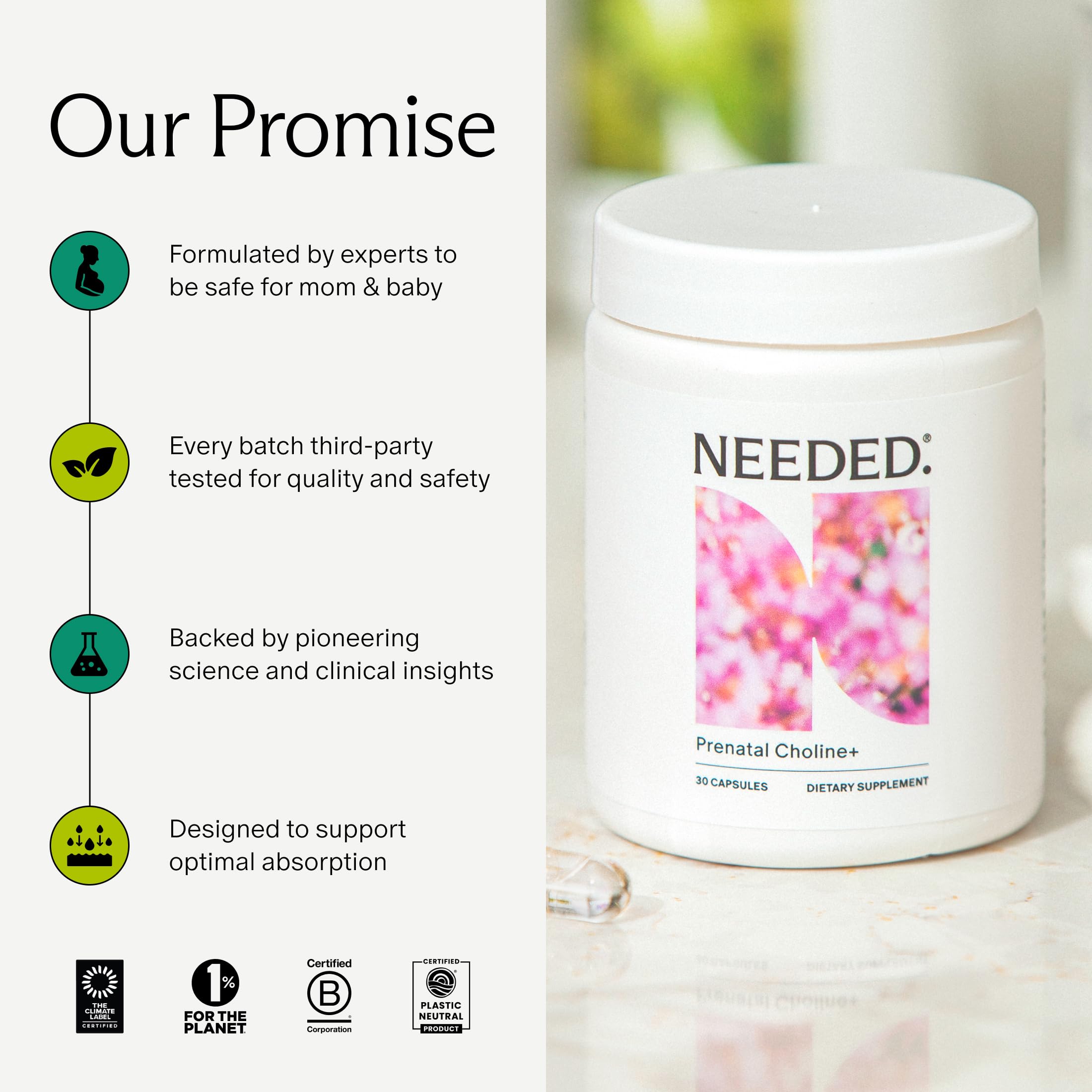 Needed Prenatal Choline bottle on white background ready for daily pregnancy use.