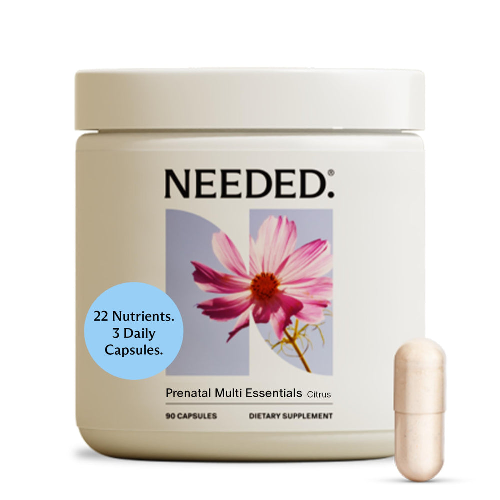 Needed Prenatal bottle shows comprehensive nutrient blend for pregnancy support.