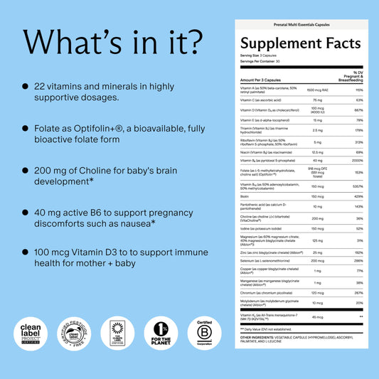 Needed Prenatal capsules close-up highlights three-capsule daily regimen.