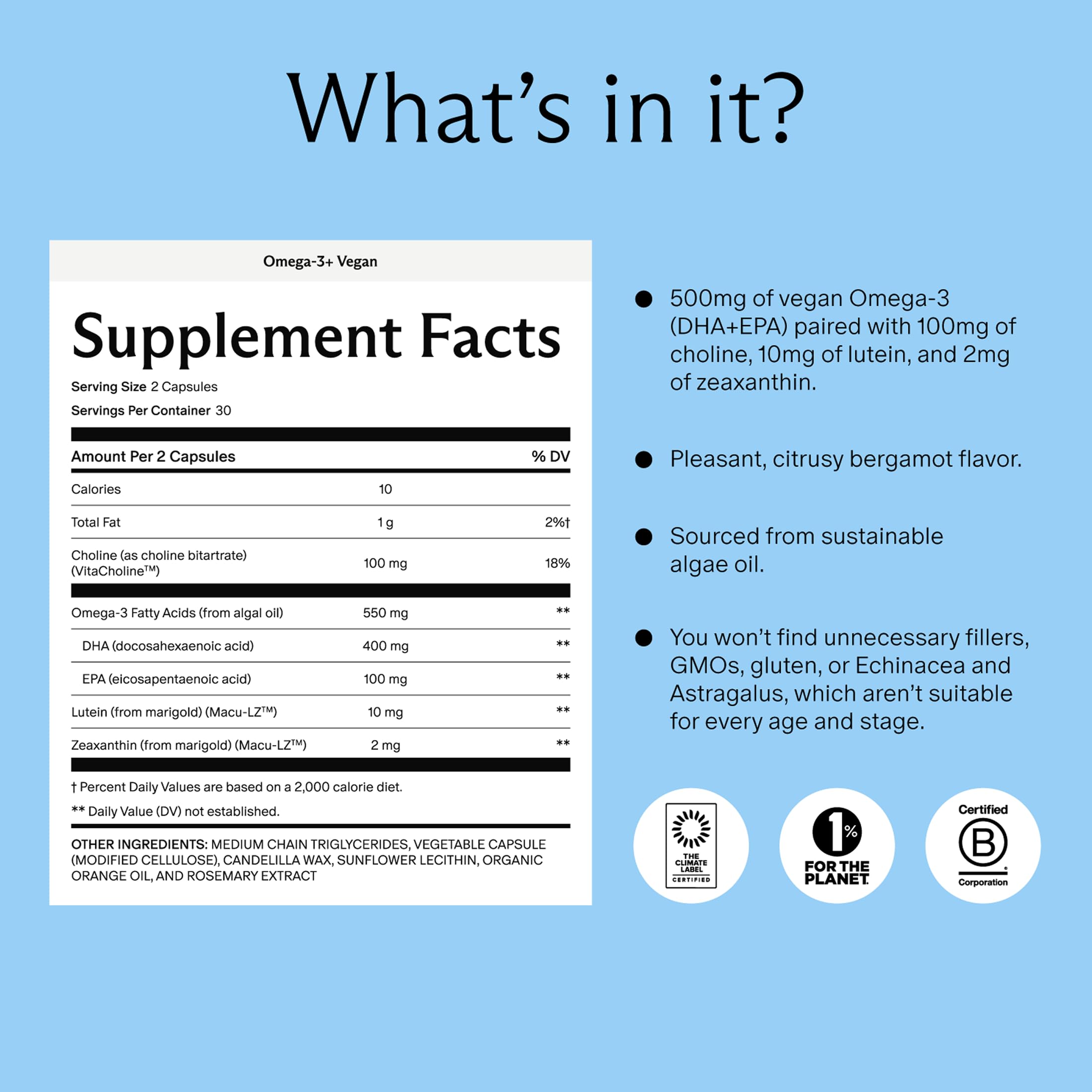 Needed Prenatal Omega-3 bottle with label emphasizes sustainability and a 30-day supply