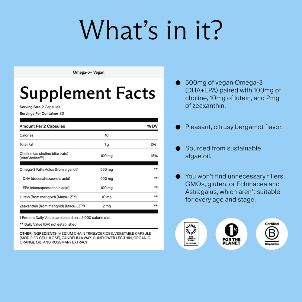 Needed Prenatal Omega-3 bottle with label emphasizes sustainability and a 30-day supply