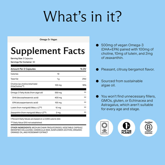 Needed Prenatal Omega-3 bottle with label emphasizes sustainability and a 30-day supply