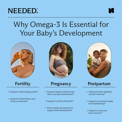 Needed Prenatal Omega-3 bottle packaging emphasizes eco-friendly design.