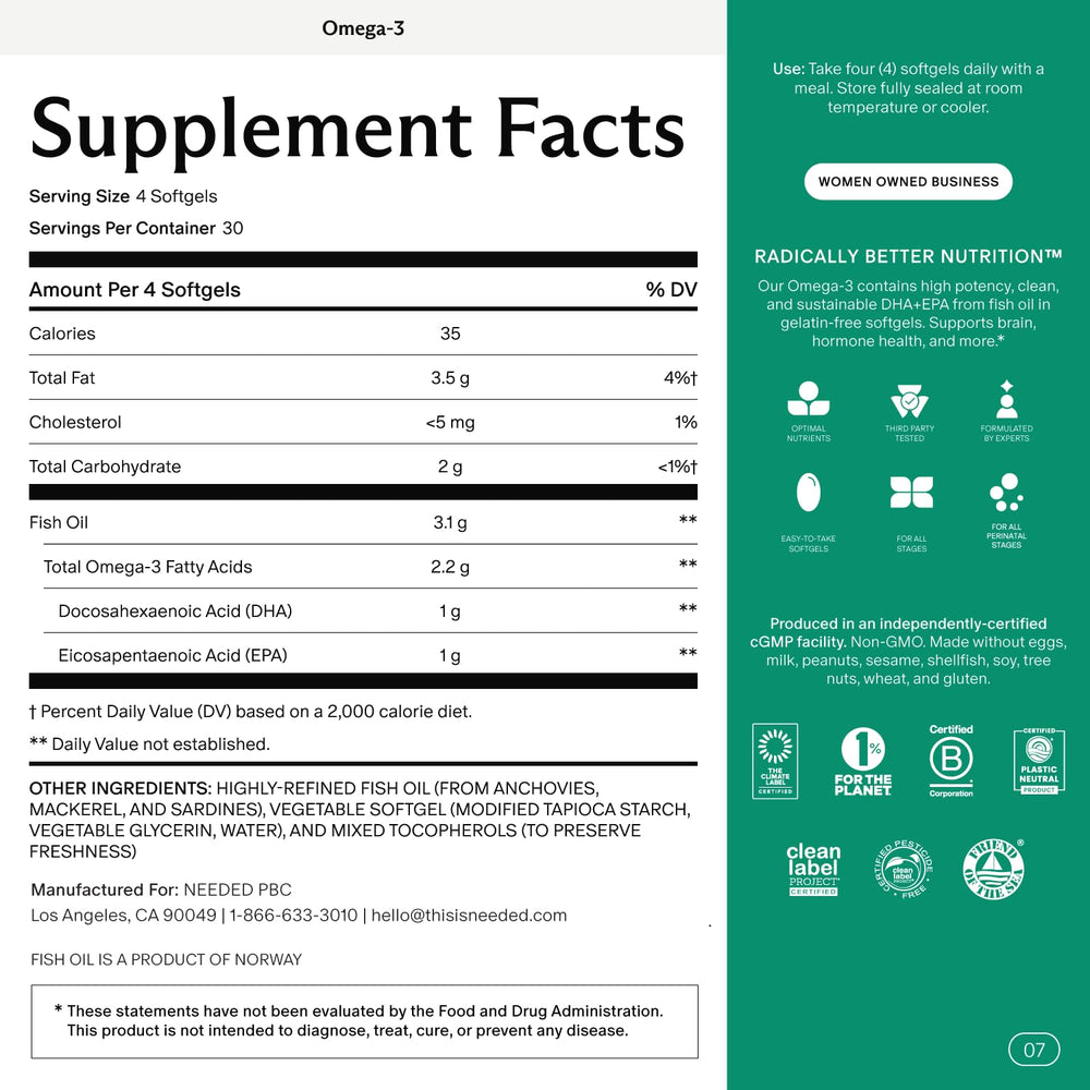Needed Prenatal Omega-3 label highlights 1000 mg DHA and EPA per serving.