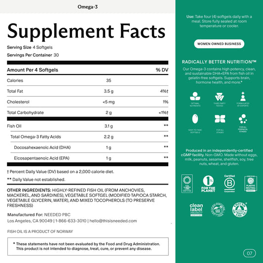 Needed Prenatal Omega-3 label highlights 1000 mg DHA and EPA per serving.