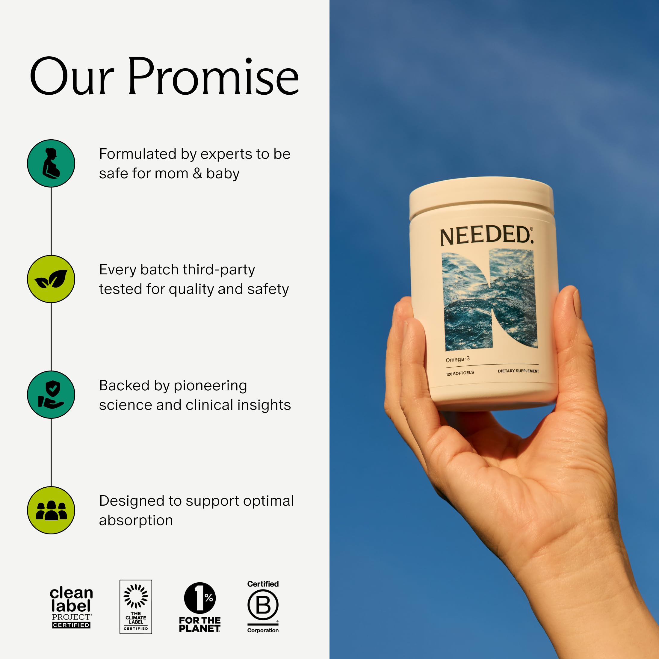 Needed Prenatal Omega-3 softgels pictured with a meal for easy daily use.