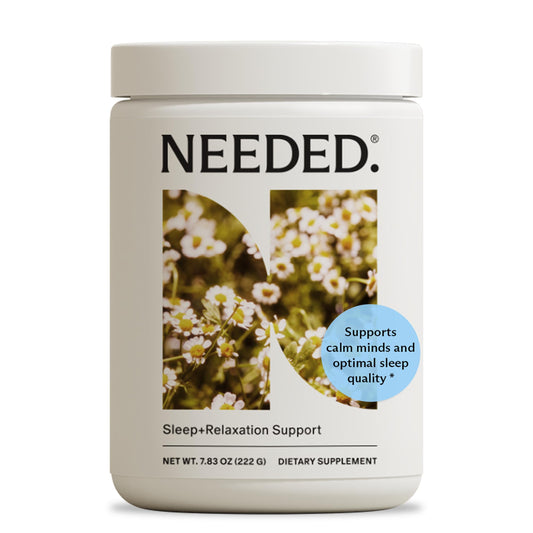 Needed Sleep & Relaxation chamomile powder beside a cup for a calming evening ritual.