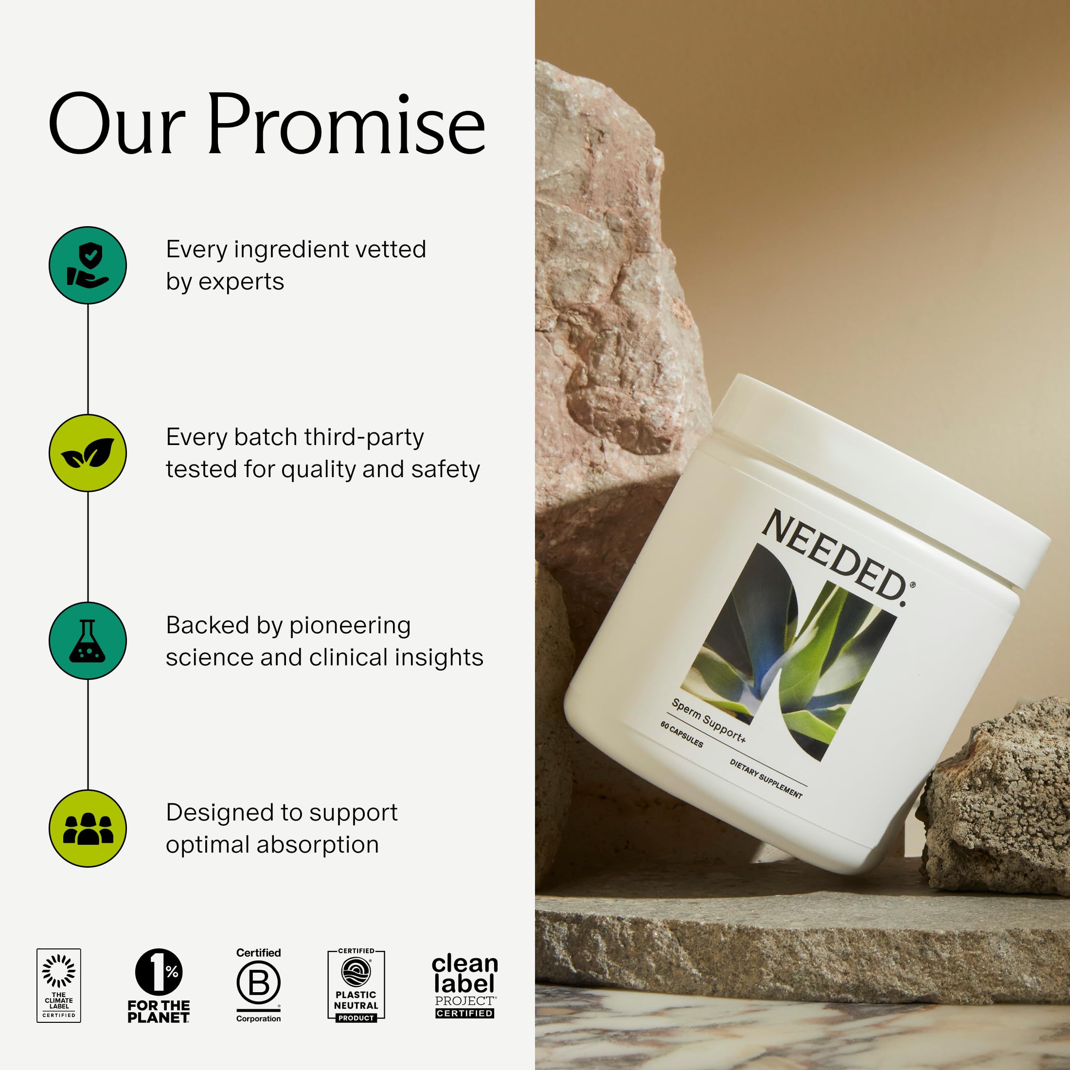 Needed Sperm Support clean formula packaging communicates non-GMO and additive-free.