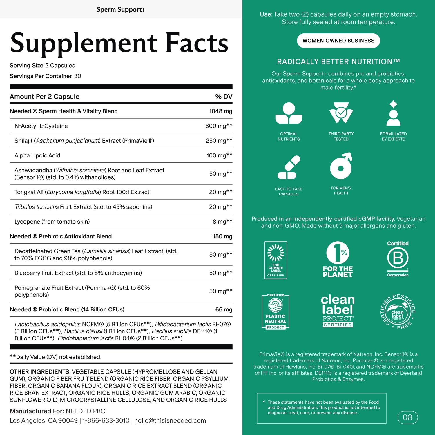 Needed Sperm Support ingredients closeup highlights targeted nutrients for vitality.