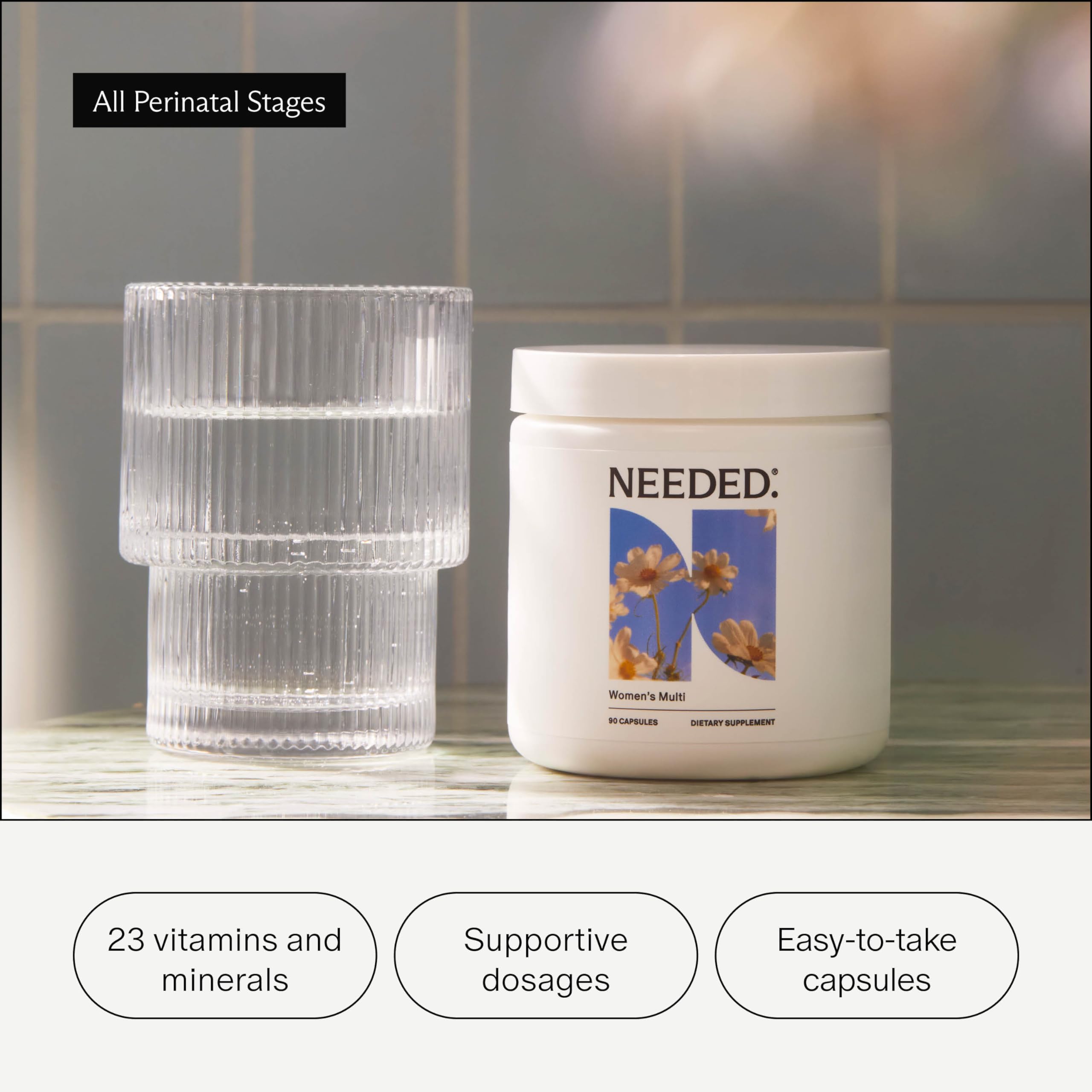 Needed Women’s Multivitamin bottle in a morning routine setup.