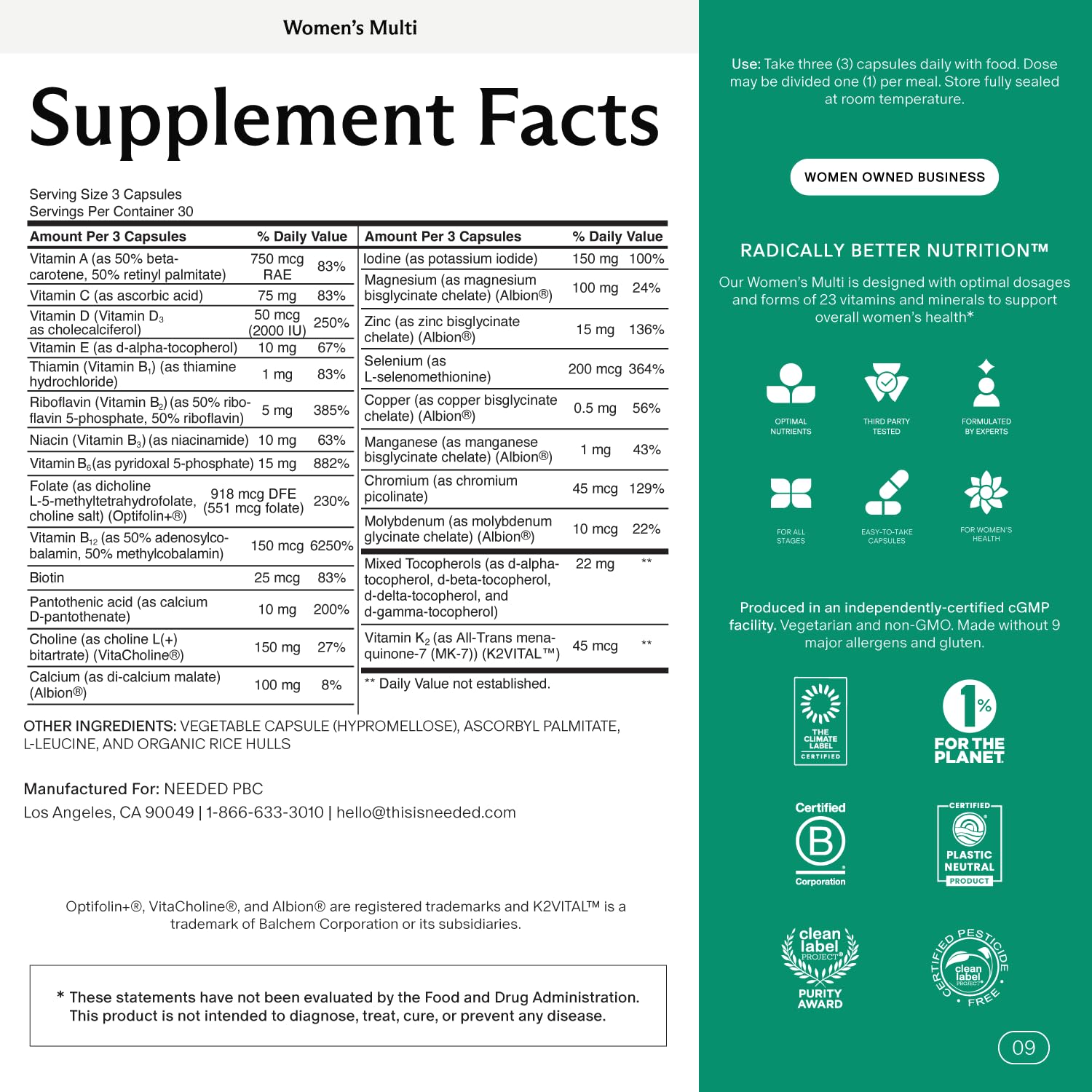 Needed Women’s Multivitamin label highlights 23 nutrients.