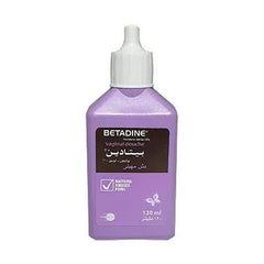 Nefertari Betadine vaginal douche close-up shows cleansing formula.