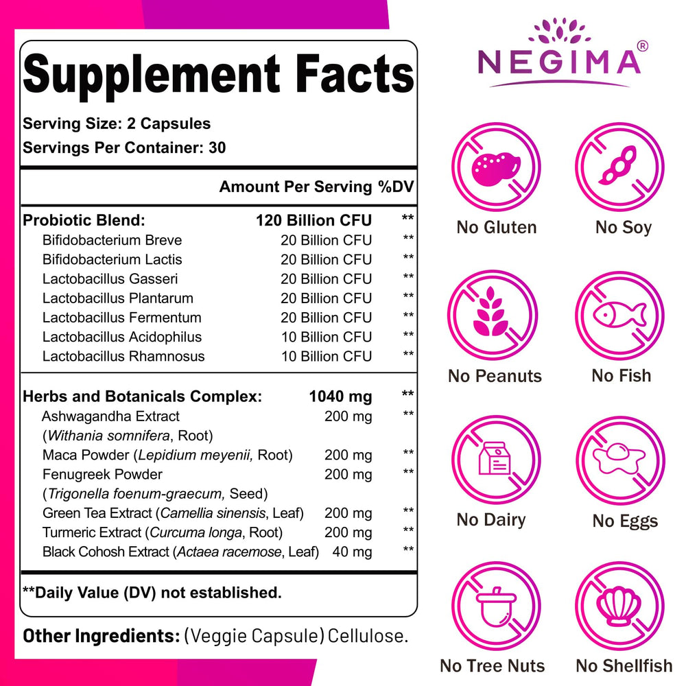 Negima menopause label detail shows seven strains and a 13-in-1 blend