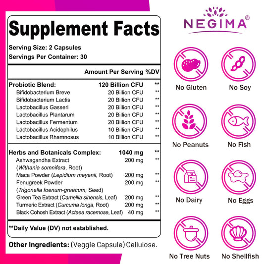 Negima menopause label detail shows seven strains and a 13-in-1 blend