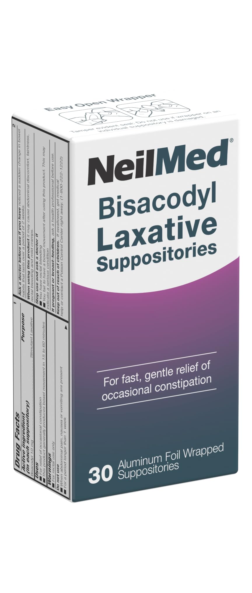 NeilMed Bisacodyl suppositories packaging shows individually wrapped 30-count for quick, gentle relief.