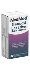 NeilMed Bisacodyl suppositories packaging shows individually wrapped 30-count for quick, gentle relief.
