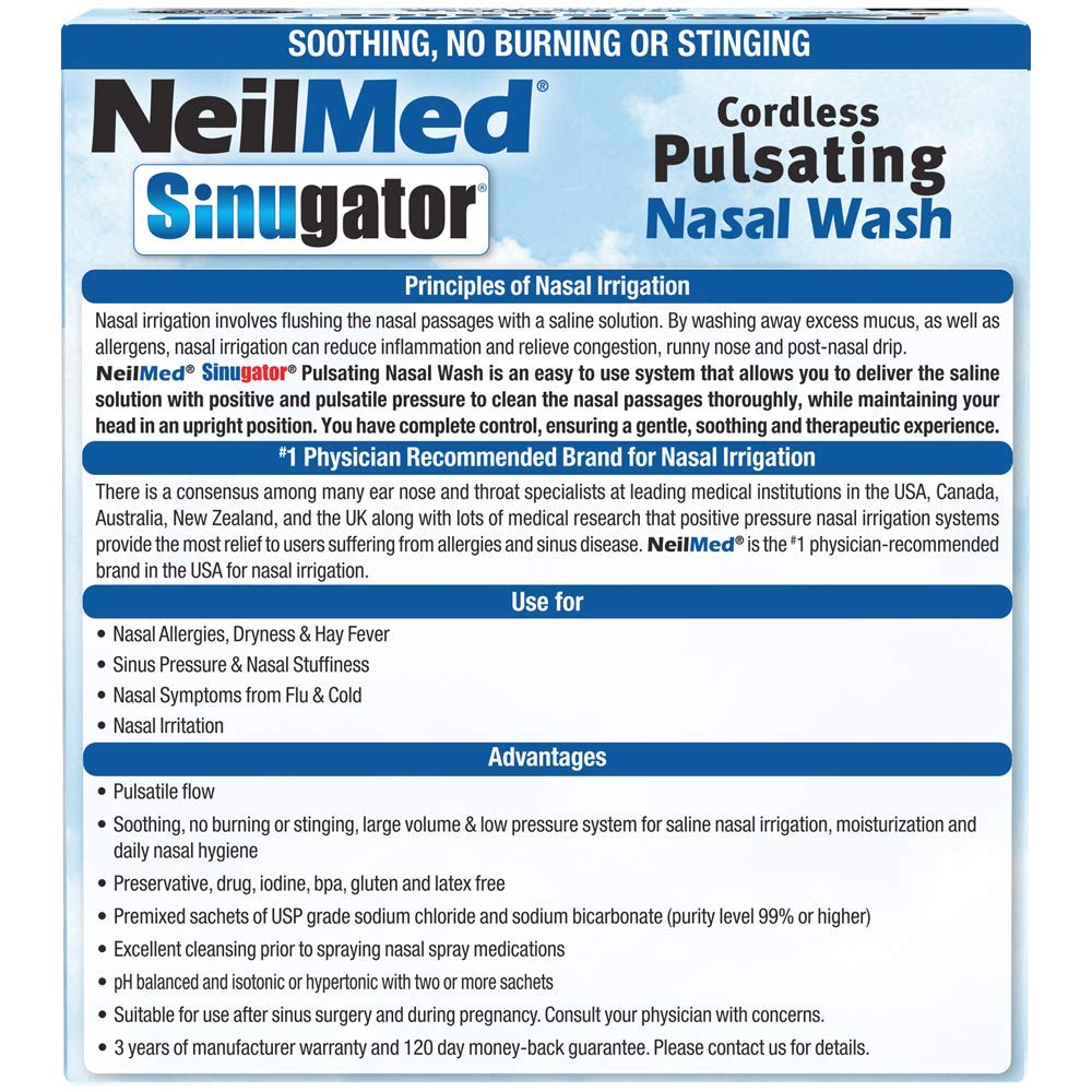 Cordless Sinugator design with batteries included for on-the-go nasal care.