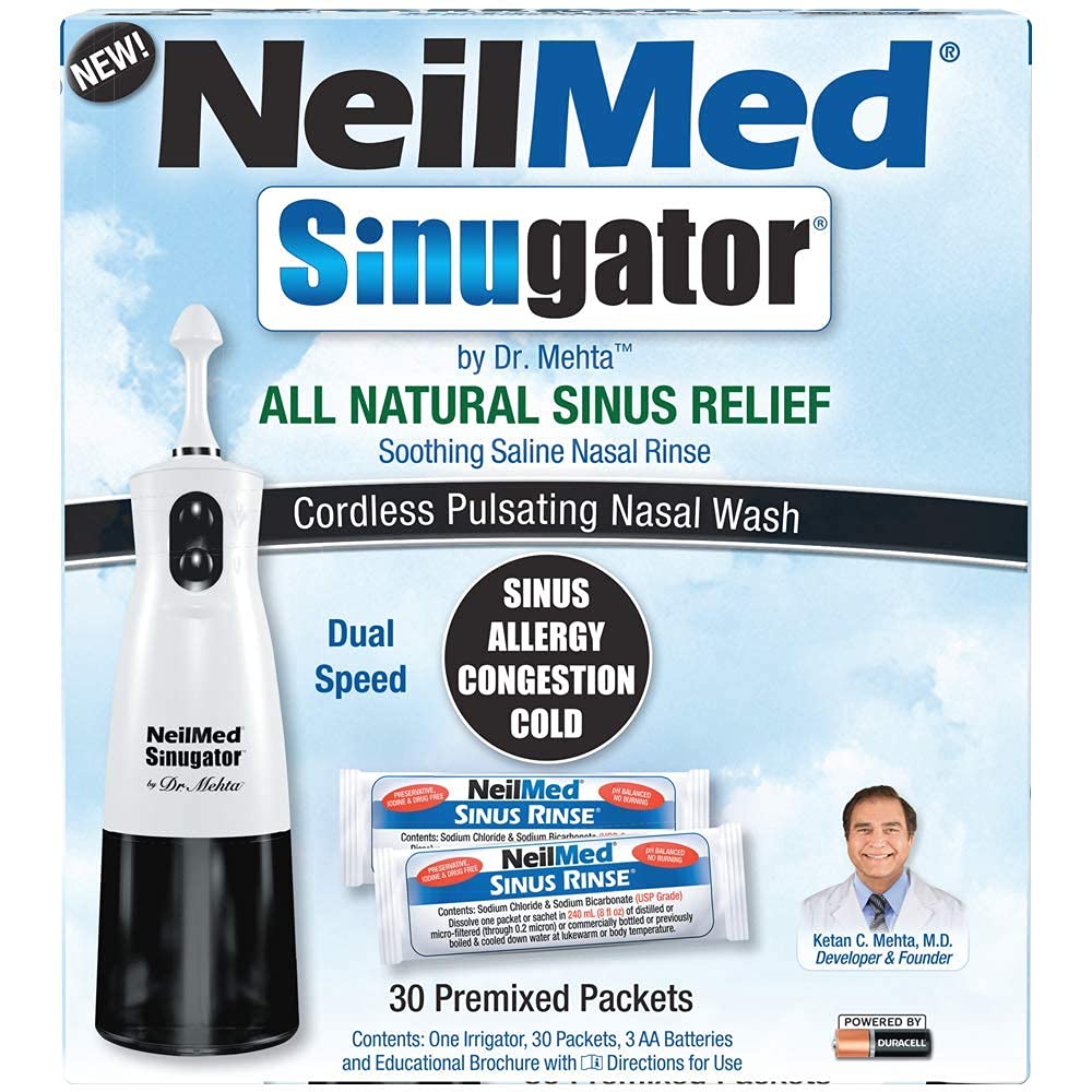NeilMed Sinugator cordless pulsating nasal irrigator front view for daily hygiene.