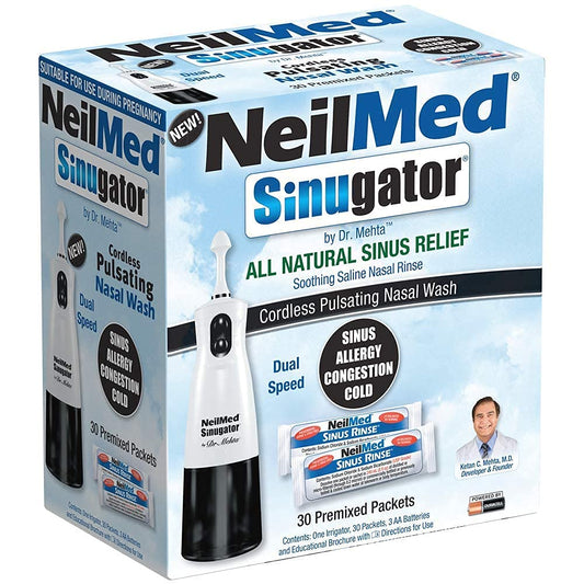 NeilMed Sinugator kit with 30 premixed packets for convenient at-home rinses.