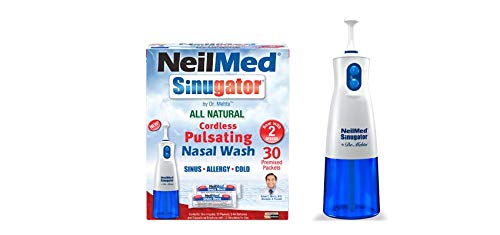 NeilMed Sinugator packaging contents include kit, packets, and batteries.