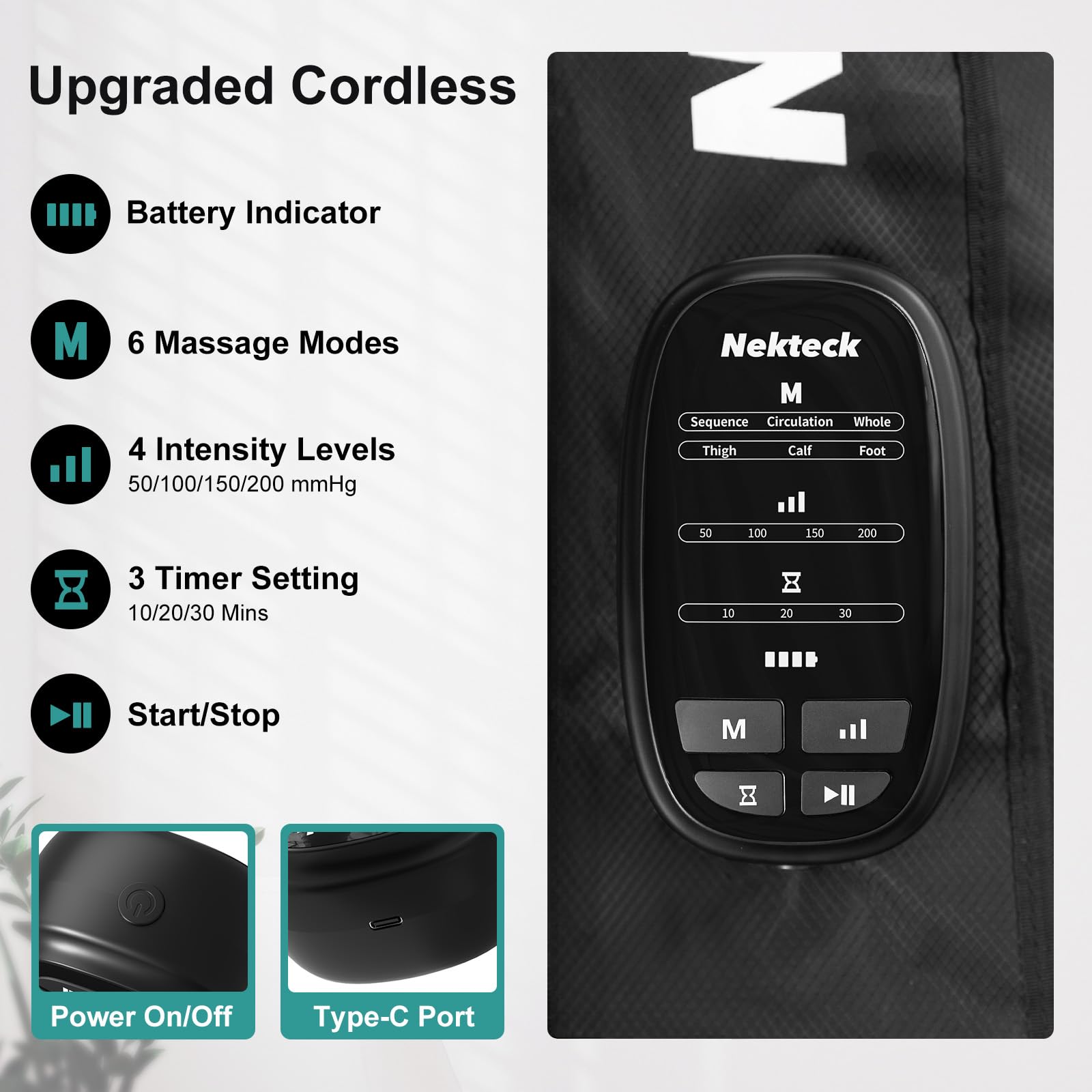 Nekteck cordless leg massager thigh chamber for full-leg coverage and relaxation