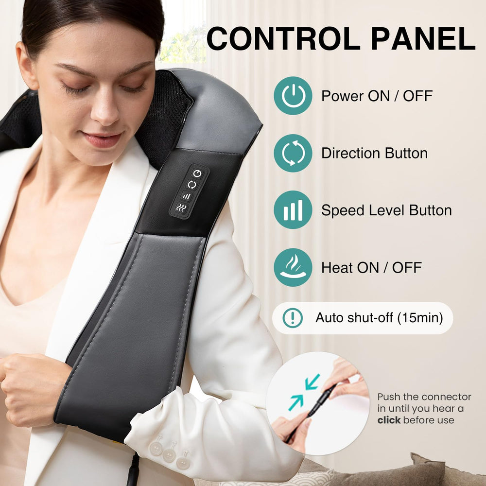 Nekteck Shiatsu Neck Massager heat therapy demonstrates soothing warmth for tired muscles.