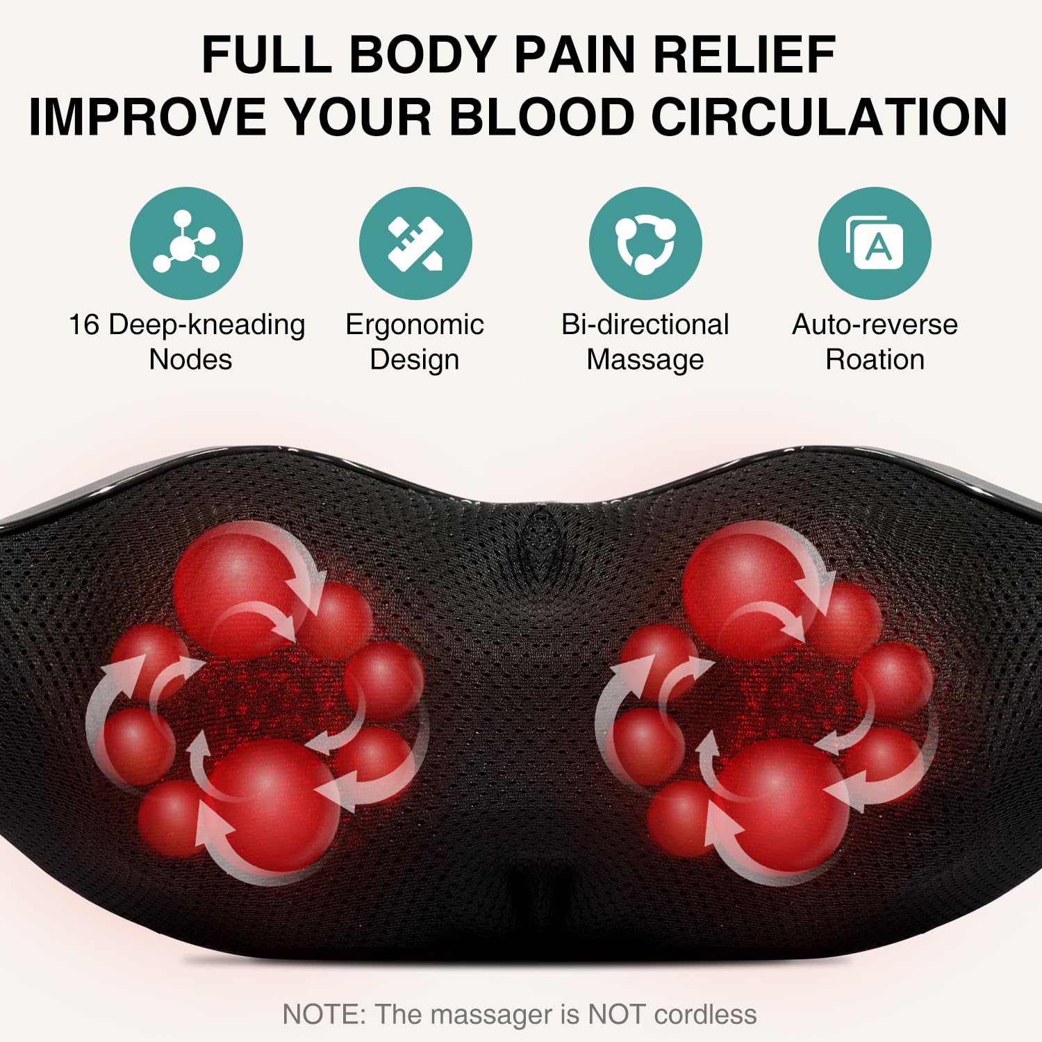 Nekteck Shiatsu Neck Massager nodes close-up with 16 deep-kneading points for tension release.