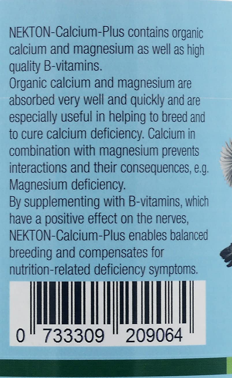 Nekton Calcium-Plus jar displaying magnesium and B vitamins benefits.