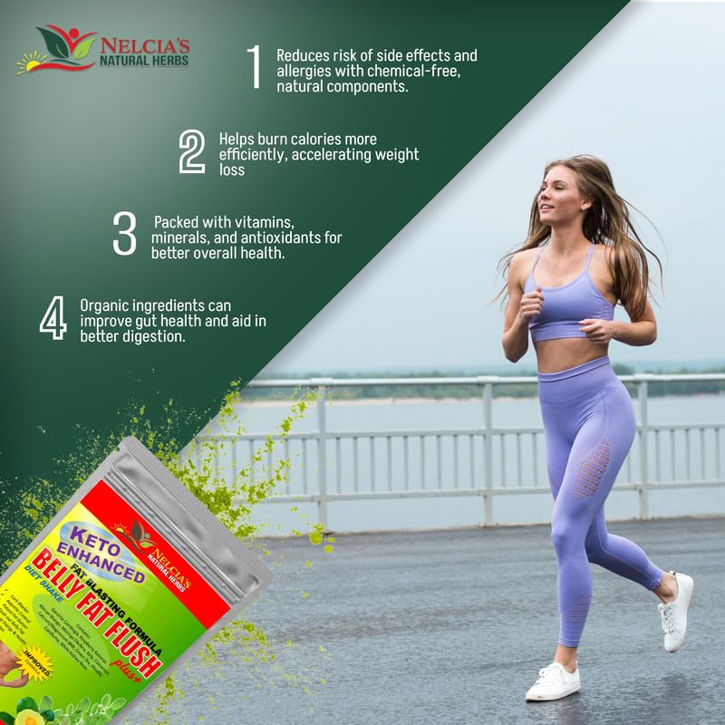 NELCIA'S NATURAL HERBS bottle with green tea leaves in background signaling metabolism boost.