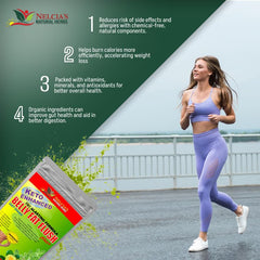 NELCIA'S NATURAL HERBS bottle with green tea leaves in background signaling metabolism boost.