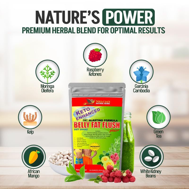 NELCIA'S NATURAL HERBS powder scoop beside raspberries highlighting flavor and ingredients.