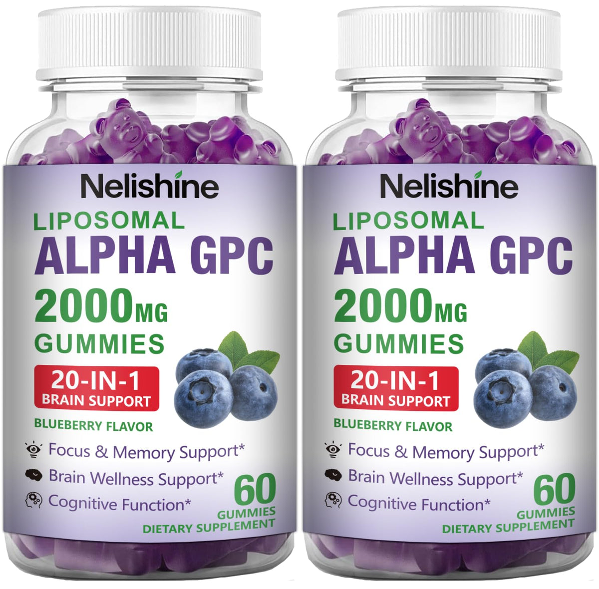 Nelishine liposomal Alpha GPC 2-pack bottle for focus and clarity