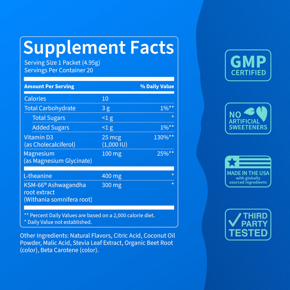Nello SuperCalm ashwagandha (KSM-66) illustration suggesting natural stress support.