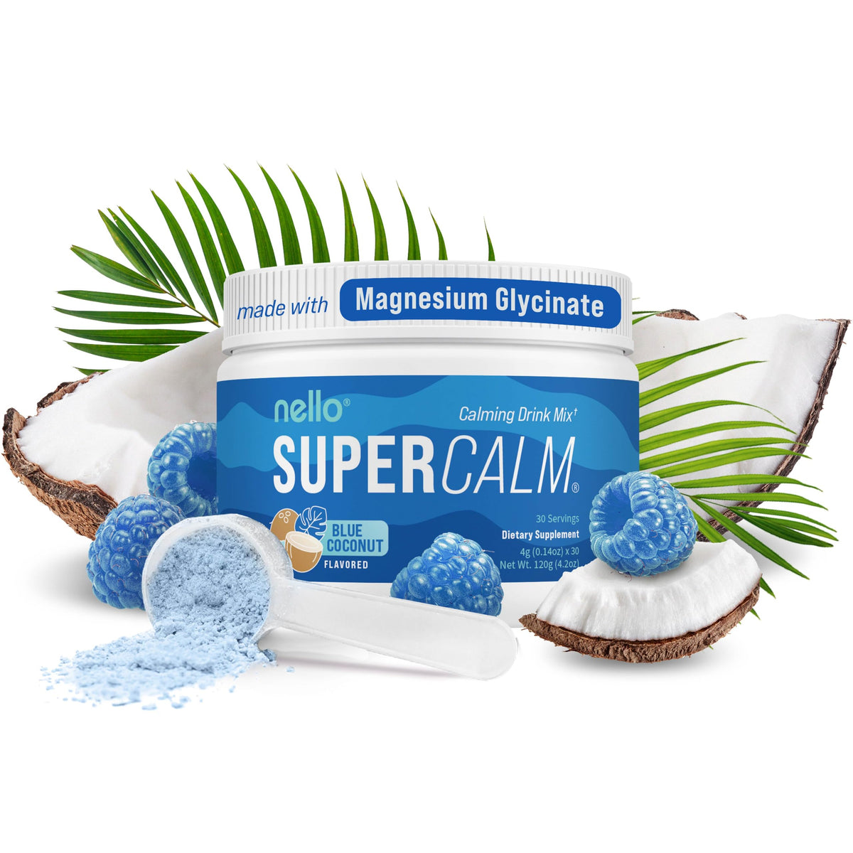 Nello SuperCalm blue coconut packet - convenient on-the-go sip for calm focus.