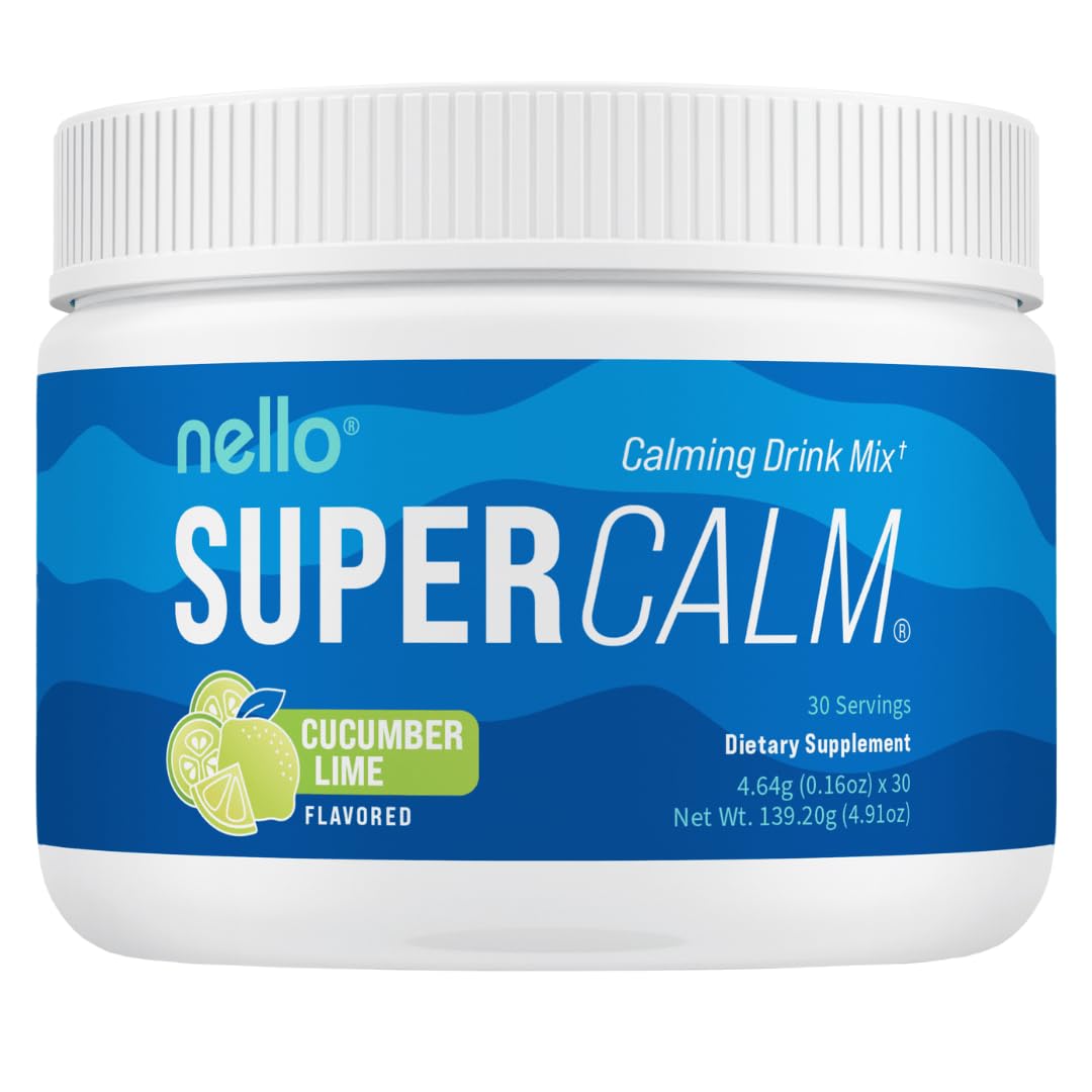 Nello SuperCalm canister front view highlighting a convenient, sugar-free adaptogenic blend.