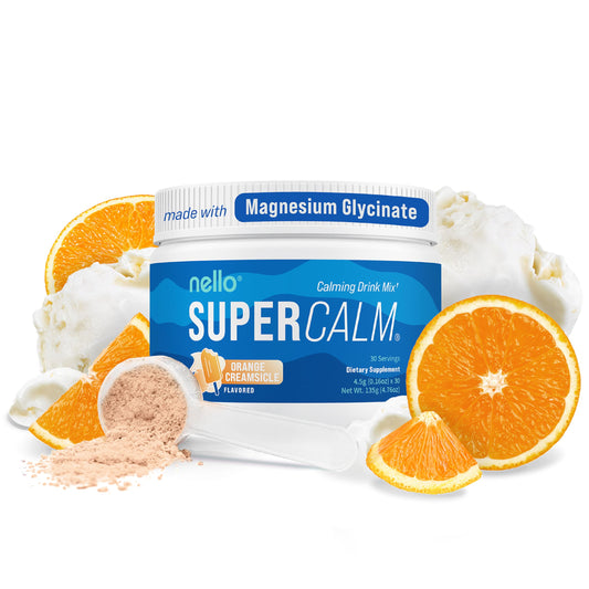 Nello Supercalm canister label highlights clean ingredients for daily balance