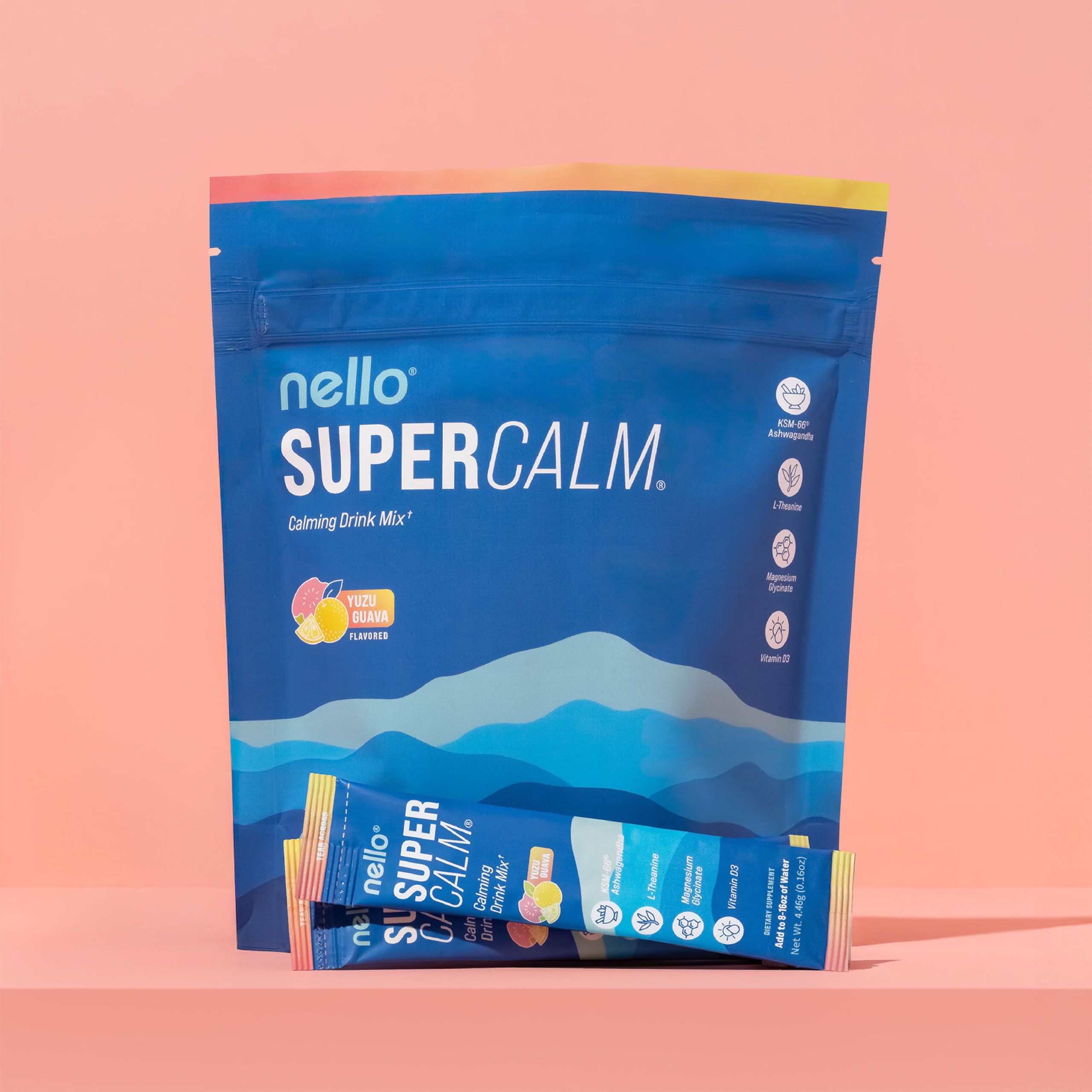 Nello Supercalm ingredients list with Ashwagandha and L-Theanine for balanced routine.